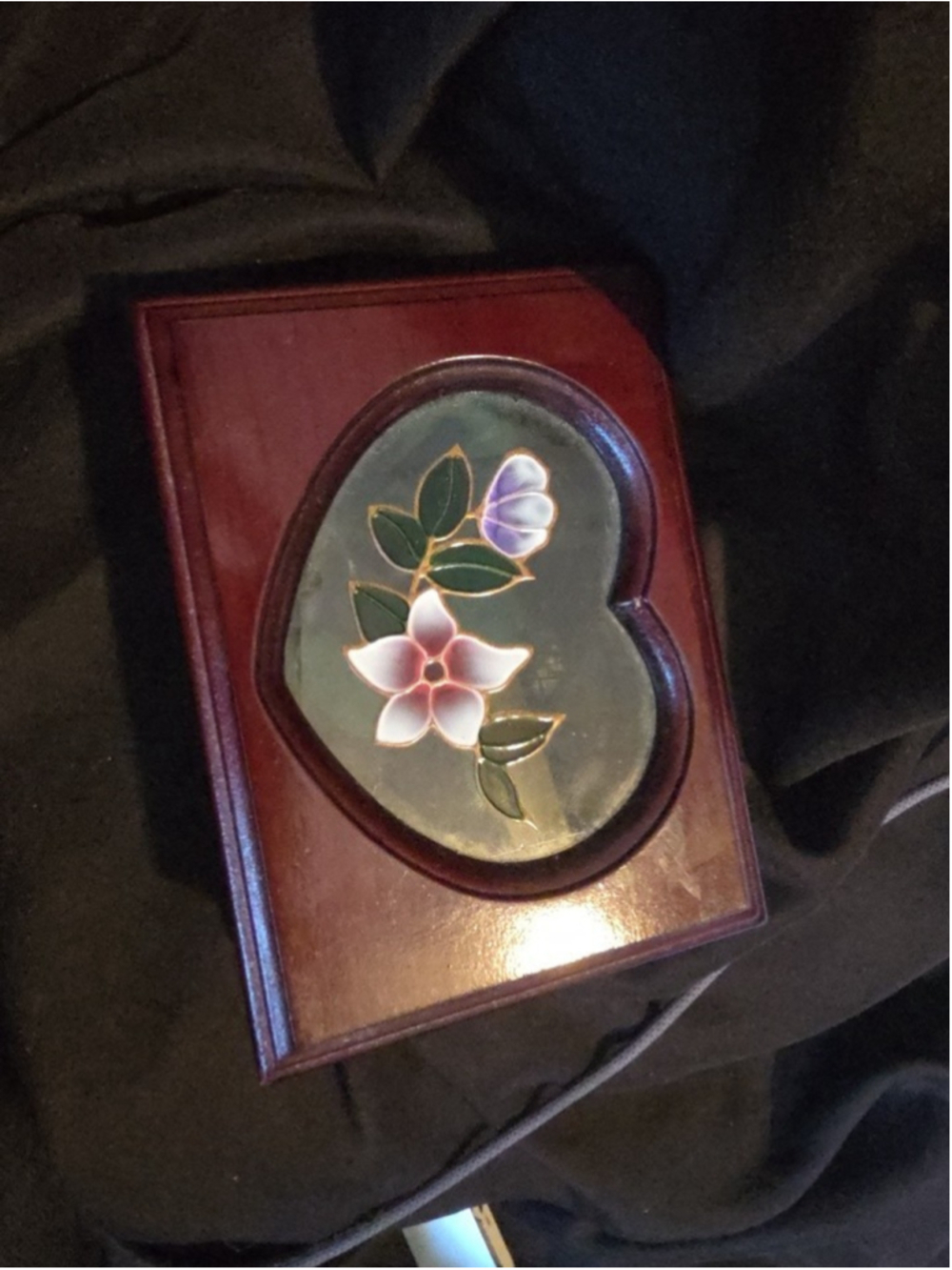 Vtg Small Wooden Jewelry Box Cherry Wood Heart Flower Etched Glass Top